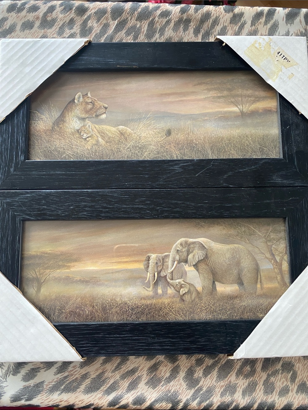 Wildlife Double Frame Art - Lions & Elephants in Neutral Tones